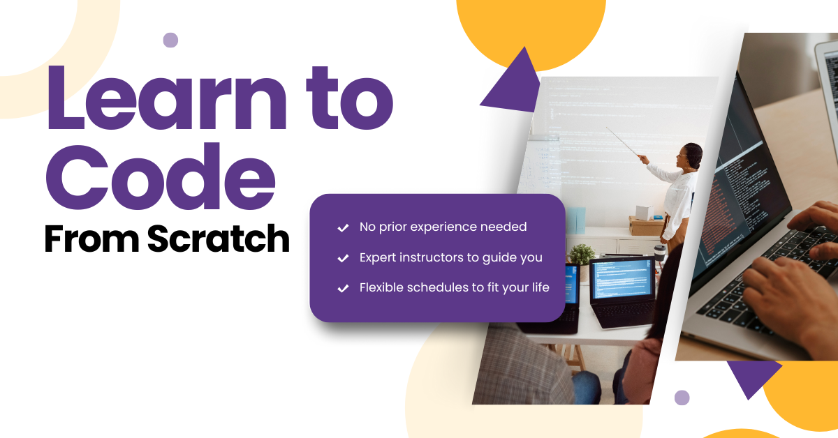 purple and yellow modern coding bootcamp facebook ad